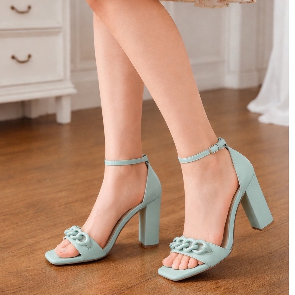 NWOT Nine West Womens Mindful Chain Square‎ Toe Heeled Sandals Mint Green Size 8 - Picture 12 of 12